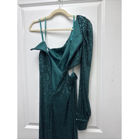 Mac Duggal Size 2 Green 26730 Sequined One Shoulder Cut Out Formal Gown Dress - Picture 9 of 12